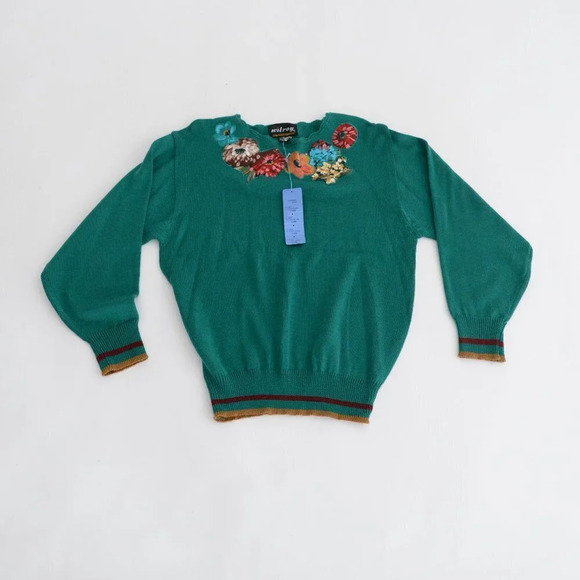 Vintage Wilroy Limited Edition Green Floral Knit Scoop Neck  Sweater NWT XL - Picture 1 of 11